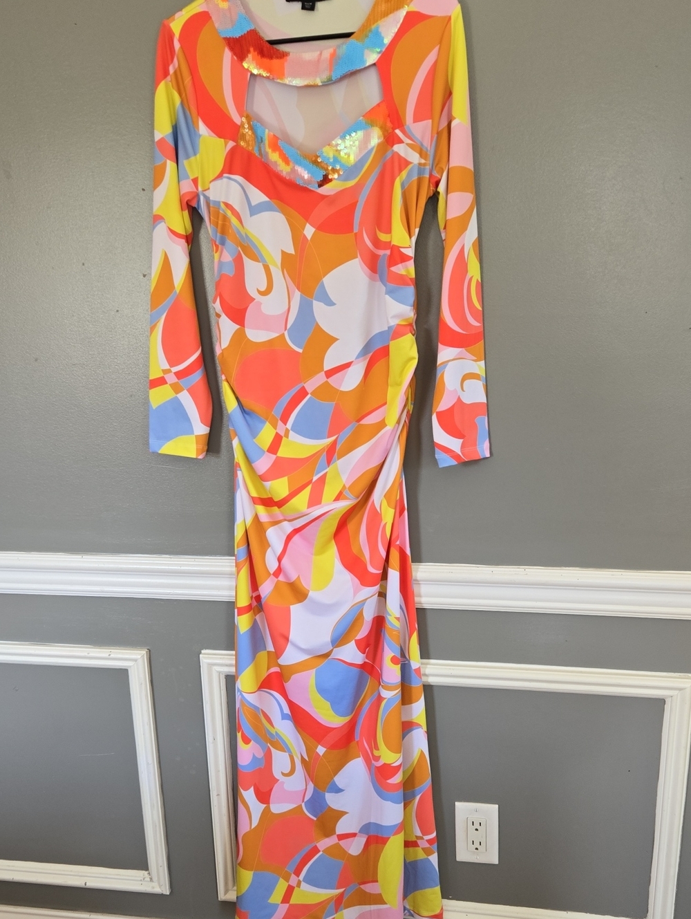 Boston Proper Multicolor Orange-Pink-Yellow Long Sleeve Maxi Dress